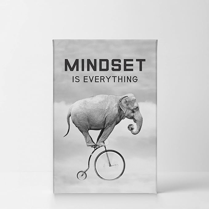 Smile Art Design Mindset is EverytingBlack and White Elephant Riding Circus Bike Motivational Wall Art Canvas Print Inspirational Entrepreneur Quote Office Living Room Decor Gift Ready to Hang 22x15