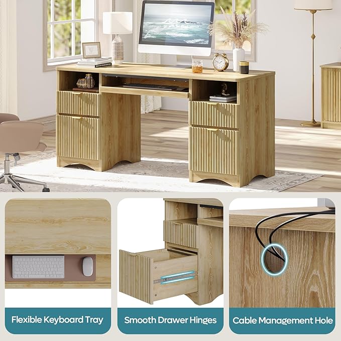 Bestier Computer Desk with Keyboard Tray, 59 inch Office Desk with 4 Drawers, Modern Home Office Desk with File Drawer (Natual Oak, 59" W with Double-Sided Drawers)