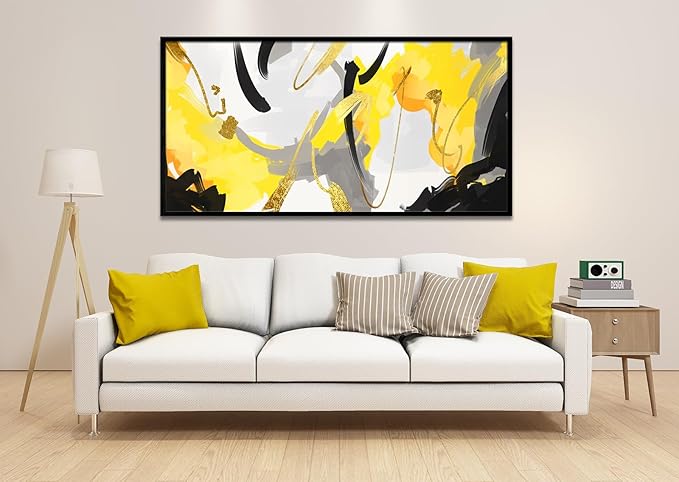 Yellow and Black Canvas Wall Art for Living Room, Colorful Fluid Lines Wall Decor Canvas Paintings, Black Framed Artwork Modern Paintings Pictures Wall Decor 24" x 48"(Framed)