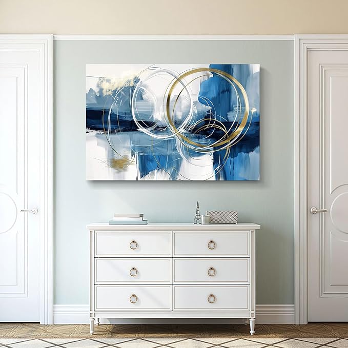 gaosoul Minimalist Abstract Canvas Wall Art Blue and Gold Doodles on White Background Painting Prints Stylish Framed Artwork for Living Room Bedroom Office Decor 48x32in