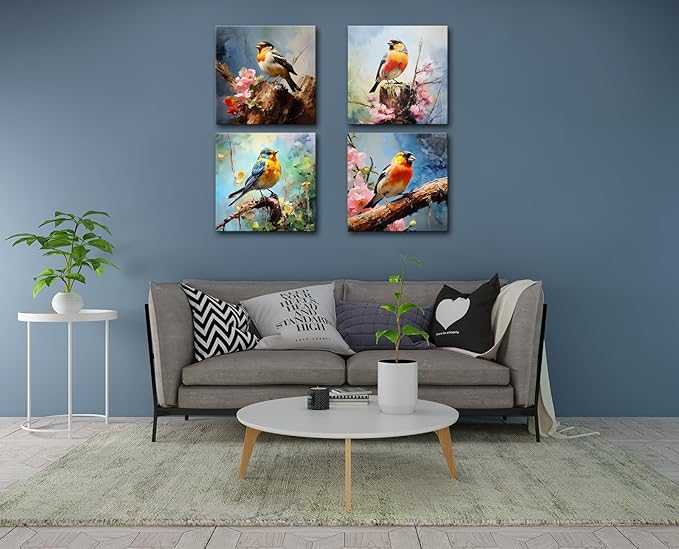 Canvas Wall Art Paintings of Colorful Birds Sitting on Tree Branch With Flowers for Bedroom Modern Wall Decor Picture Framed Artwork Prints Paintings for Bathroom Kitchen Decorations 12"x12"x4 Pieces