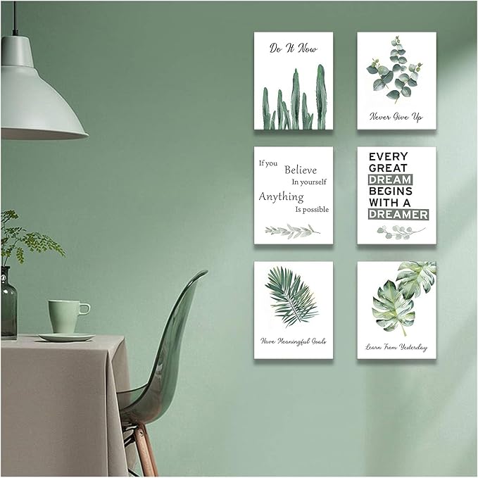 6 pcs Office Inspirational Botanical Canvas Wall Art Eucalyptus Leaves Sage Motivational Quotes Painting Picture Wall Decor Never Give Up Poster Print Artwork For Classroom Bedroom Home Decoration