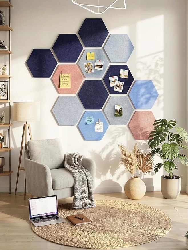 8 Pack Hexagon Felt Bulletin Board Tiles - 11.8" Large Thick Pin Board for Walls with 30 Push Pins, DIY Boards for Office Home School Decor, Aesthetic Hex Cork Board Alternative