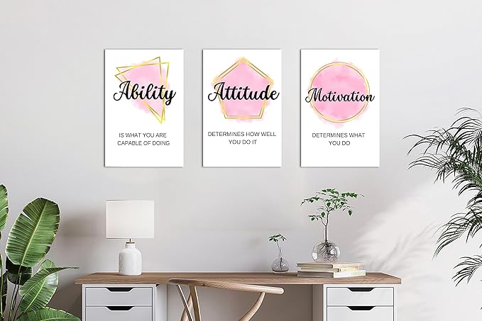 SHMAO 3 Piece Office Canvas Wall Art, Motivational Quotes Pink Geometric Figures Print Pictures Decor for Office, Men Women Inspirational Framed Artwork Home 12''x18'' x Pcs