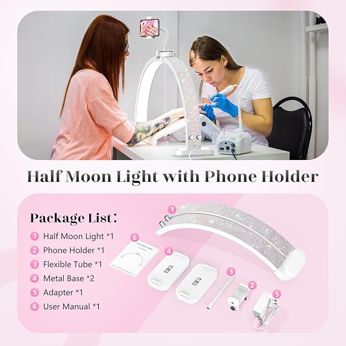 LIONVISON Half Moon Light for Nail Desk: 31-inch Manicure Table Light with Phone Holder for Beginner DIY - 48W Professional Half Moon Lamp for Nail Tech,Eyelash,Makeup,Tattoo