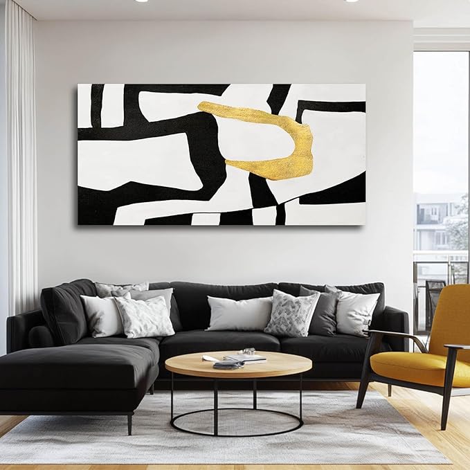 NBAODAN Minimalist Art Painting Gold Picture Wall Decor Large Abstract Wall Art for Bedroom Black Wall Decor for Living Room 29"x58" Framed Canvas Art