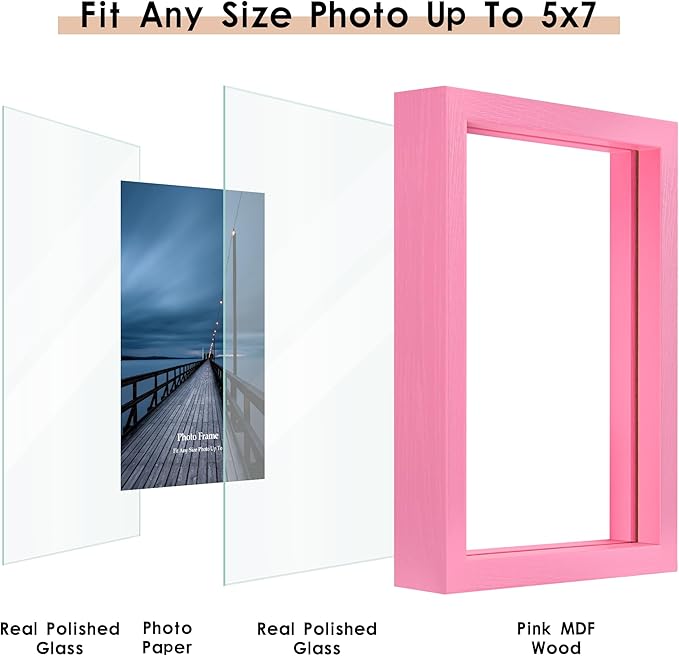 MUYE 5x7 Floating Frame Set of 2,Double Real Glass Photo Frame for Wall Hanging or Tabletop Standing,Also Display 4x6 or 3x5 Photo for Floating Effect,Pink