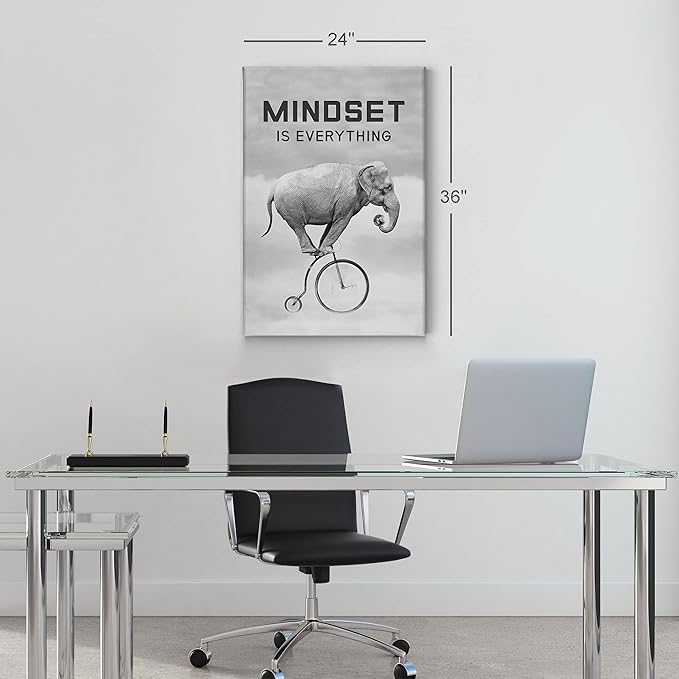 Smile Art Design Mindset is EverytingBlack and White Elephant Riding Circus Bike Motivational Wall Art Canvas Print Inspirational Entrepreneur Quote Office Living Room Decor Gift Ready to Hang 28x19