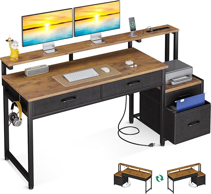 AODK Computer Desk with 4 Drawers, 48 Inch Office Desk with Printer Shelf & Built-in Power Outlet, Work Desk with Monitor Shelf for Home Small Spaces, Rustic Brown