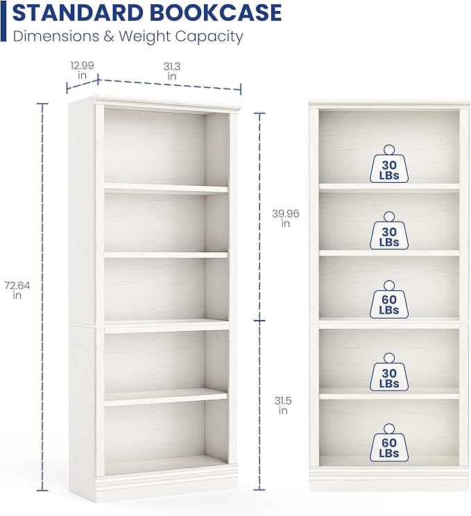 72 in Tall Bookcase, 31.3 in Wide Floor Standing Bookshelf, Open Storage 5-Shelf Bookshelves, Cream White Large Indoor Furniture for Home Office School Library Living Room Bedroom