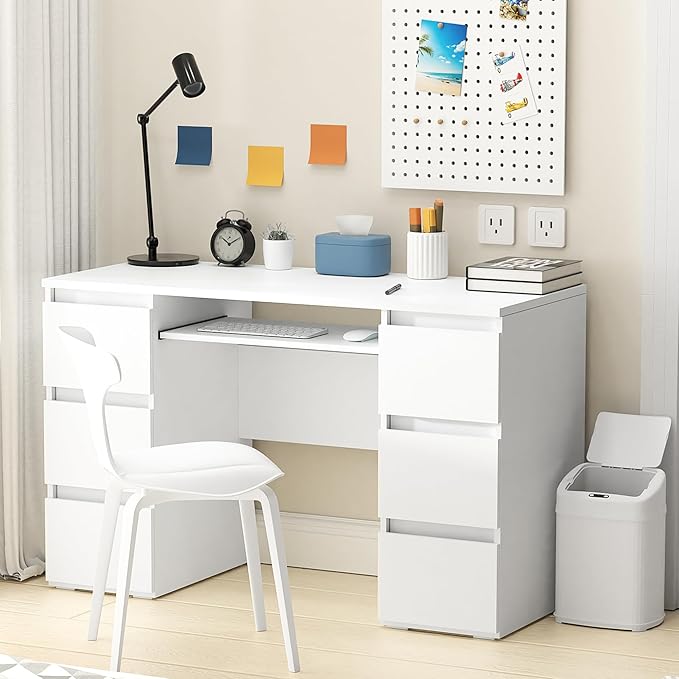 White Desk with Drawers Computer Desk for Bedroom, Home Office Table with Storage, 47 Inch Writing Wood Desks Executive Desks, Workbench Study Counter Small Gaming Table, White