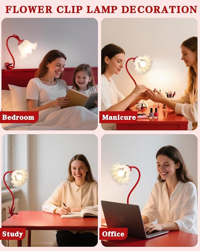 Flower Lamp Clip on Light, 3 Color Modes Eye-Caring Desk Lamp with Clamp, Dorm Room Essentials, Flexible Neck Reading Clamp Lamps for College Bedside Bookshelf Studying Room (Red)