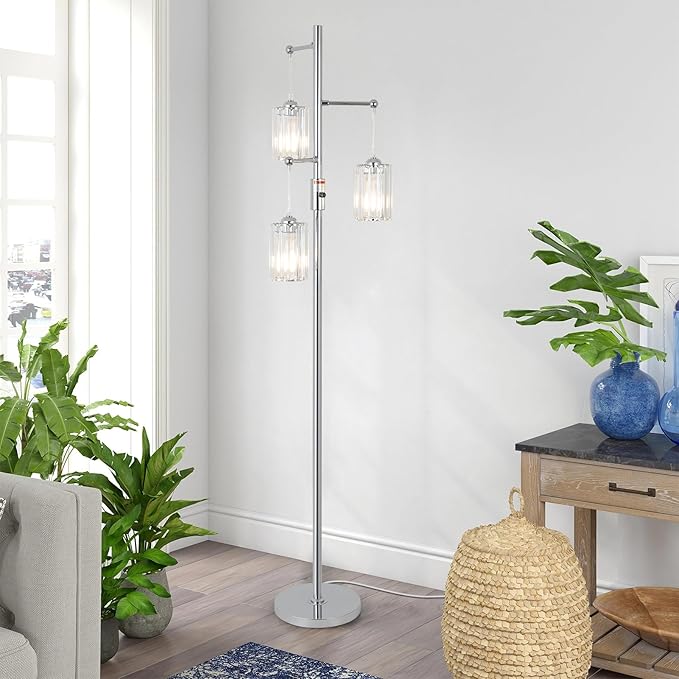 Modern Crystal Floor Lamp for Living Room, 3 Lights Dimmable Standing Lamp, Industrial Silver Tree Lamp with Crystal Shade, Dimmer Switch, 65" Tall Corner Lamp for Bedroom Reading, Chrome