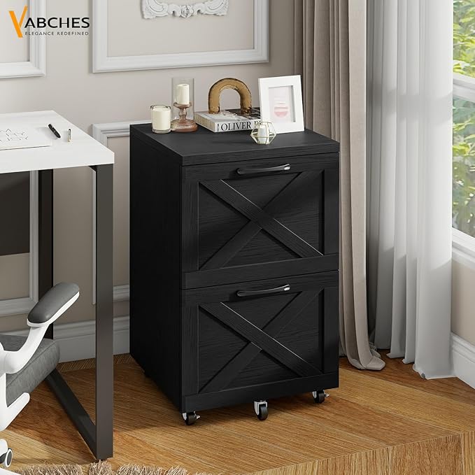 Vabches Farmhouse File Cabinet with 2 Drawers, Vertical Filing Cabinet on Wheels for Letter/A4 Size Hanging Files, Mobile File Cabinets Printer Stand for Home Office, Black