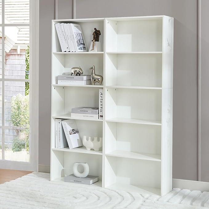 Tall Bookshelves with Cabinet, Office Storage Cabinets and Bookshelf, 5-Tier Wooden Bookcase with Storage, Floor Standing Display Cabinet Shelves for Living Room, Home Office, White