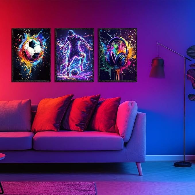 3PCS Boys Neon Splash Soccer Wall Art Colorful Headphone and Soccer wall decor pictures Vibrant Abstract Sports Canvas Posters Prints for Bedroom Game Room Wall Decoration Unframed (16inx24in posters)