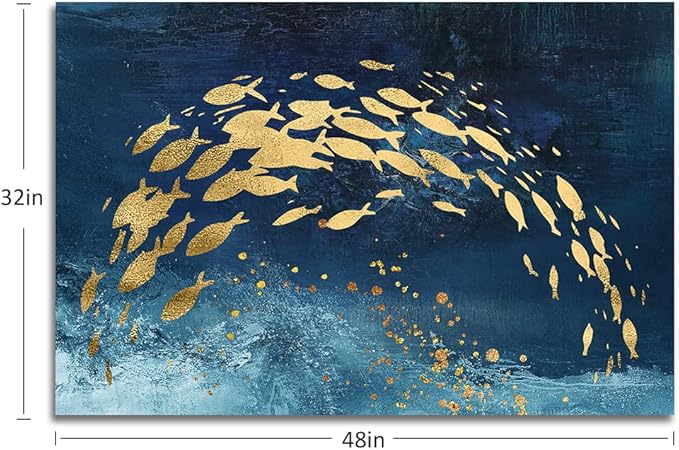Wall Art Canvas Abstract Ocean Art Paintings Golden Fish Dancing in Blue Sea Modern Artwork Decor for Living Room Bedroom Kitchen 48x32in