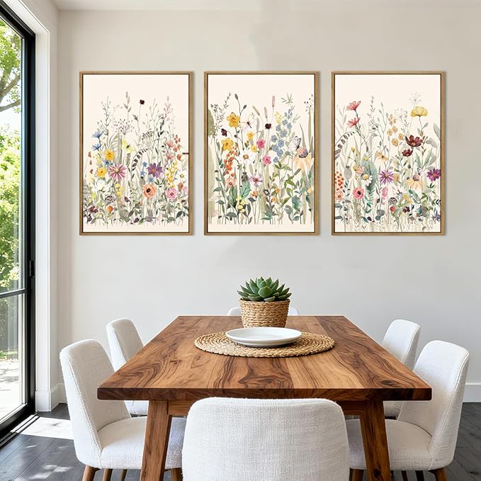 BINCUE Wildflower Wall Art Large Floral Wall Painting Neutral Print Pictures Decor Flower Artwork 36x24 Inches Framed Wildflowers Paintings Flower Wall Decor for Living Room Bedroom Bathroom Farmhouse Set of 3