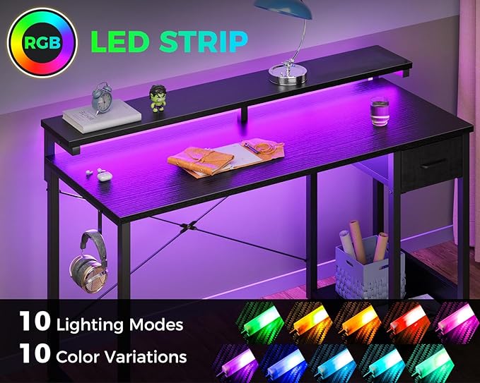 AODK Gaming Desk with LED Lights, 40 Inch Computer Desk with Drawers, Reversible Small Desk with Monitor Stand & Headphone Hook for Home Bedroom, Black