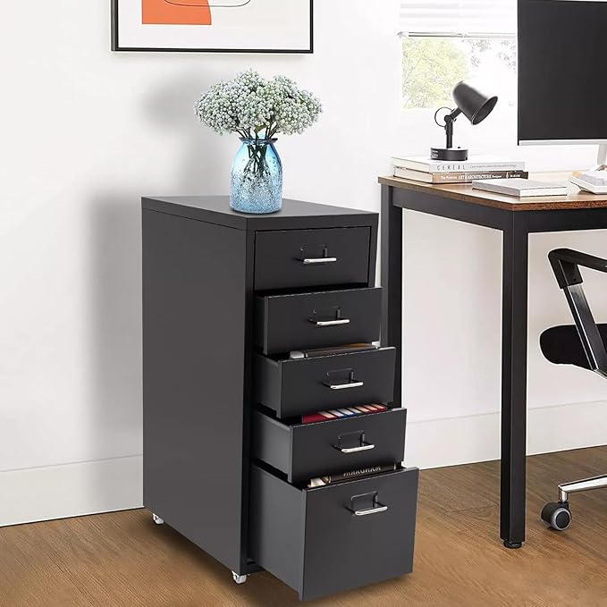 5-Drawers Metal File Cabinet, Freestanding Office Vertical File Cabinets, Storage Cabinet with Buckles and Handles, Mutifuctional Tool Cabinets for Kitchen, Bedroom, Living Room (Black)