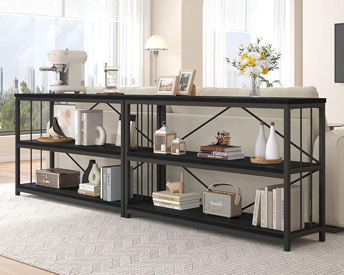 IBF Low Horizontal Book Shelf, Industrial Modern 3 Tier Bookshelf, Farmhouse Short Open Storage Organizer Long Shelf, Simple Wide Wood Metal Sturdy Etagere for Bedroom Living Room, Black Oak, 47 in