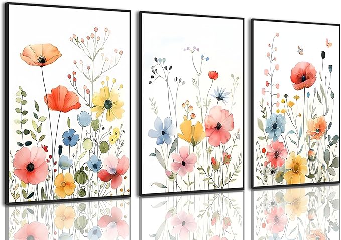 KISSFOX Framed Colorful Wildflower Canvas Wall Art Set Of 3 Flowers Pictures Prints Flowers Printing Floral Watercolors Flower wall Decor Living Room Girls Bedroom Bathroom