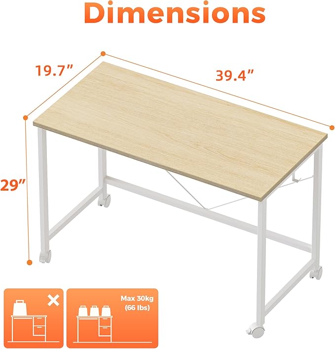 Mericonia 40 inch Rolling Computer Desk with Wheels, Gaming Desk for Small Spaces, Modern Simple Style Table for Home Office, Study Writing Table