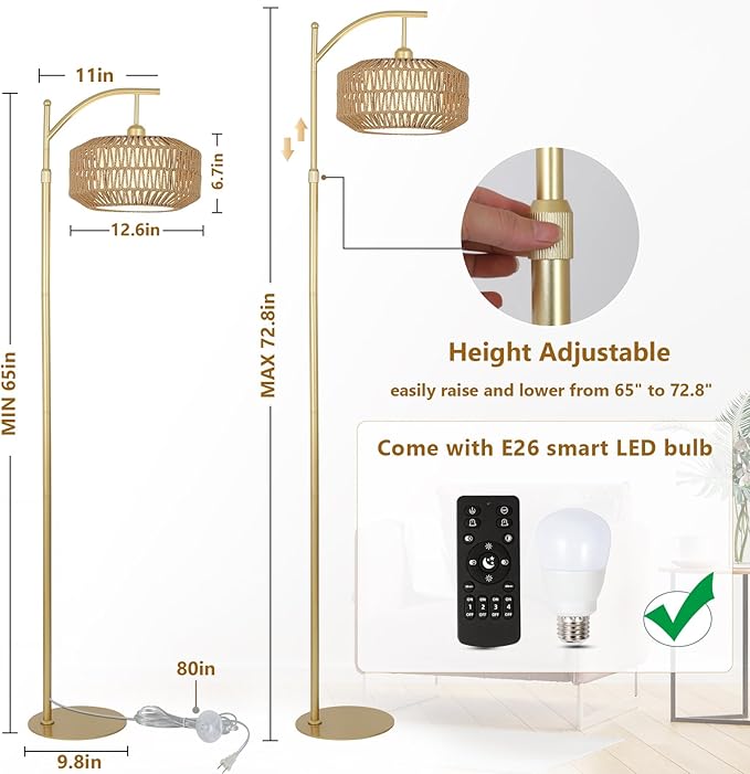 Arc Gold Floor Lamp with Remote and LED Bulb, Dimmable Floor Lamps for Living Room with Rattan and Fabric Shades, Boho Tall Lamp with 3 Color Temperatures, Corner Standing Lamps for Bedroom