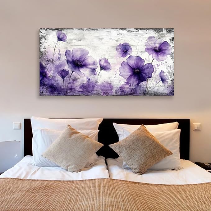 Wall Art for Living Room Decor Purple Floral Picture Prints Modern Watercolor Poppy Painting Artwork Home Decor Framed Wall Decor Large Size 24 x 48 in Ready to Hang