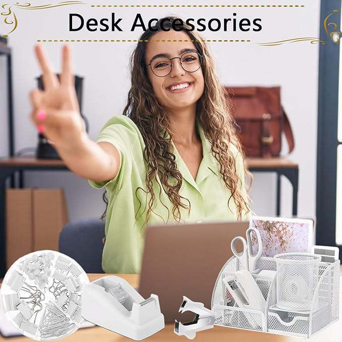 Office Supplies,Desk Accessories,Stapler and Tape Dispenser Set,1000 Staples,Staple Remover,Pen Holder,Folding Phone Holder,Journal Notebook,Ballpoint Pen,Scissor,Ruler,Clear Tape,Sticky Notes,Ect