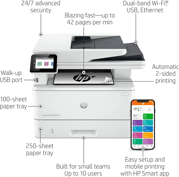 HP LaserJet Pro MFP 4101fdwe Wireless Black & White Printer with HP+ Smart Office Features and Fax (Renewed)