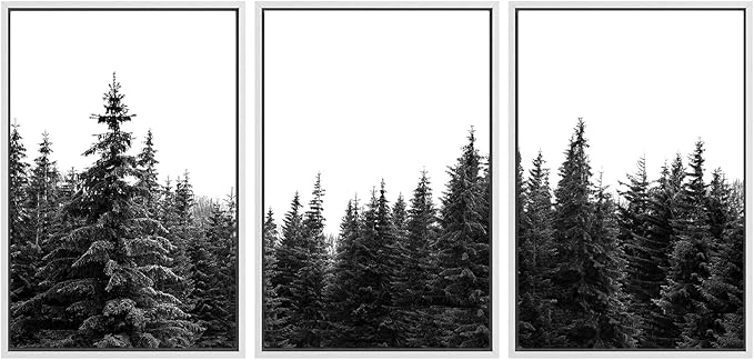 SIGNWIN 3 Piece Framed Canvas Wall Art Woodland Nursery Decor Black and White Forest Photo Nature Illustrations Abstract Traditional Home Artwork Decoration for Living Room,Bedroom - 24"x36"x3 White