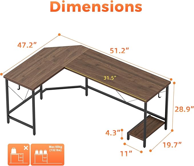 Mericonia 50 inch Large L Shaped Desk, Simple Corner Gaming Desk with CPU Stand & Hooks, Computer Desk for Home, Bedroom & Office Workspace, Walnut
