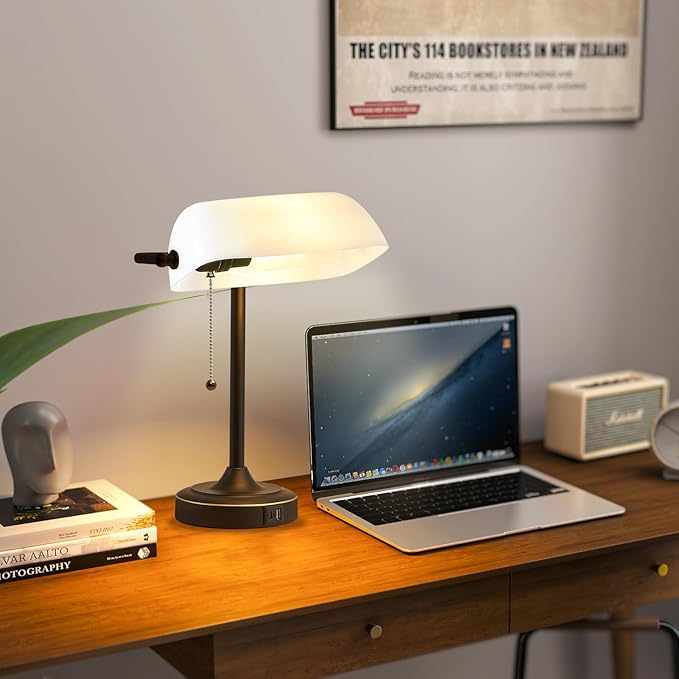 Vintage Desk Lamp Bankers Lamp - Plastic Lampshade Black Retro Table Lamp with USB & Type C Charging Ports Traditional Library Lamp for Home Office Nightstand Bedroom Side Table Lamp-Bulb Included