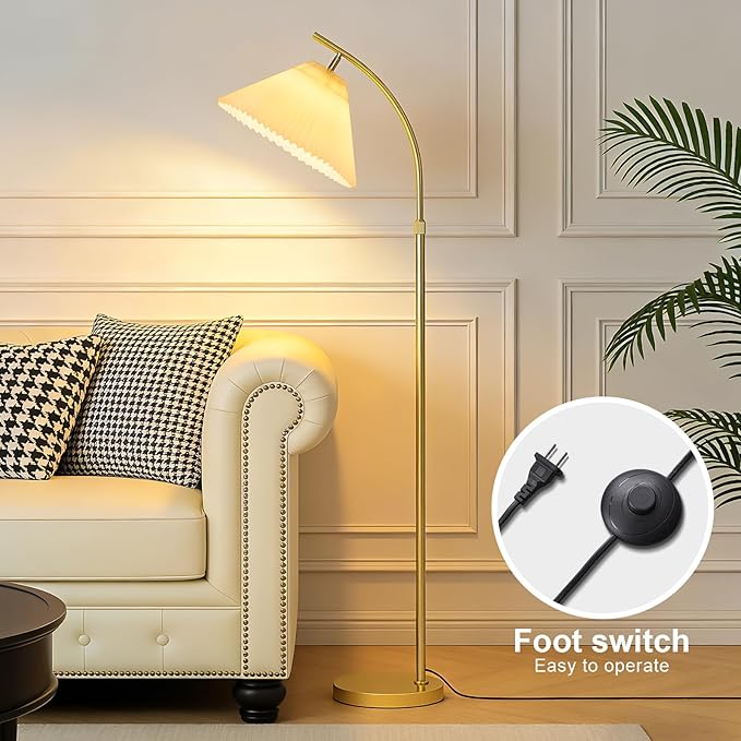 Adjustable Floor Lamp for Living Room, 61"-68" Tall Standing Lamp with Pleated Shade, Modern Gold Floor Lamp with 9W LED Dimmable 3-Color (3000K/4500K/6000K), Reading Corner Lamp for Bedroom Office