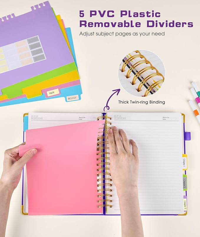 Hardcover Spiral Notebook Journal with Removable Dividers Tabs, 300 Pages Leather 5 Subject Notebook College Ruled, 8"x10" Large Notebooks for Work School Note Taking, Journal for Women, Dark Purple