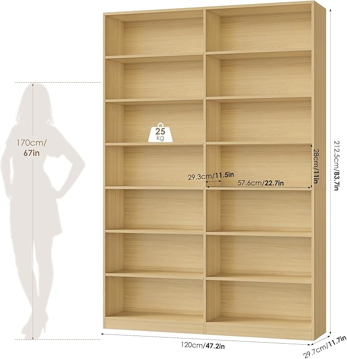 FACBOTALL 83.6" Tall Bookshelf and Bookcase, 7-Tier Extra Large Bookshelf with Double Storage, 14 Open Display Shelves for Home Office, Study and Living Room, Natural