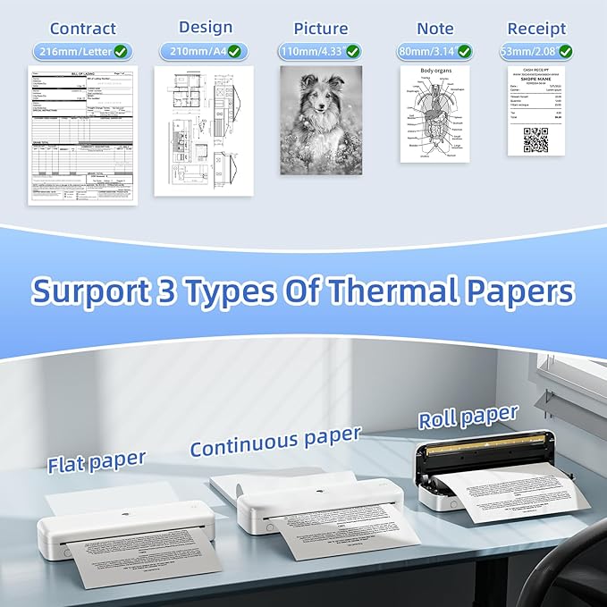 Phomemo Portable Printer, Wireless Bluetooth Thermal Printers, Support 8.5" x 11" and A4 Szie Thermal Paper, Compatible with iOS, Android & PC, Mobile Printer for Travel, Office, School, White