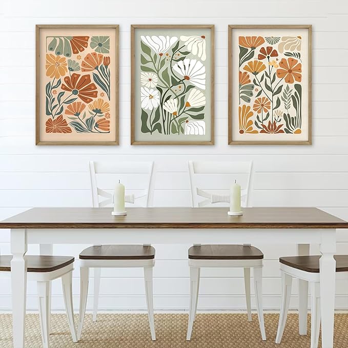 Wildflower Floral Green Botanical Wall Art Print 16"x11" Set of 3 flower Illustrations Minimalist Modern Boho Sign Wood Framed for Living Room Bedroom Office Abstract Wall Hang Decor (Wood)