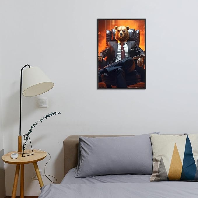 Trendy Suit Animal Bear Portrait Wall Art Funny Boss Bear Canvas Posters Work Struggle Motivation Inspiring Prints Painting For Office Living Room Wall Decor 24x36in Framed