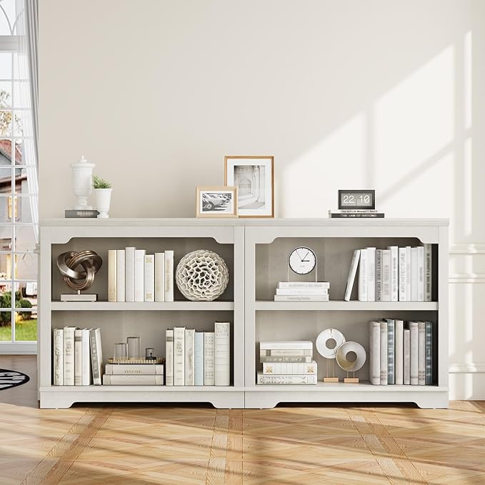 HIFYOBRO 2 Tier Bookshelf, 31.5" Wide Wooden Bookcase, 25.8" Tall Book Shelf, Freestanding Open Display Storage Bookshelves for Study Room, Home Office, Living Room (White, 2-Shelf)