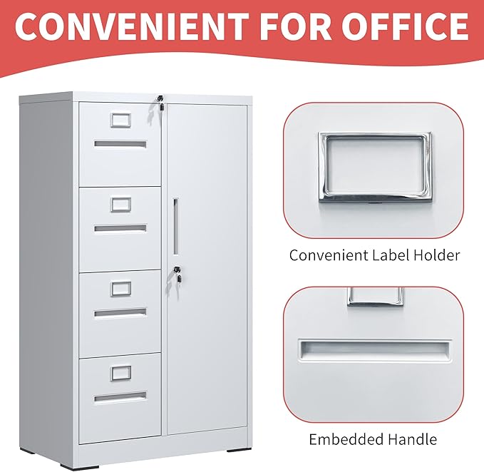 4 Drawer Metal File Cabinet with 1 Door,Steel Storage Locker Cabinets for Employees,Home Office White Filing Cabinets for Legal/Letter Size Files,Assembly Required