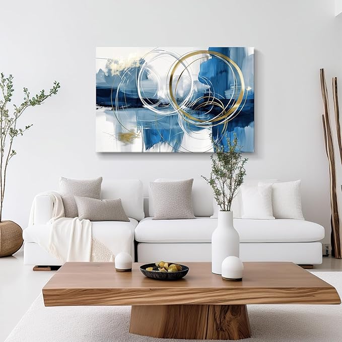 gaosoul Minimalist Abstract Canvas Wall Art Blue and Gold Doodles on White Background Painting Prints Stylish Framed Artwork for Living Room Bedroom Office Decor 48x32in