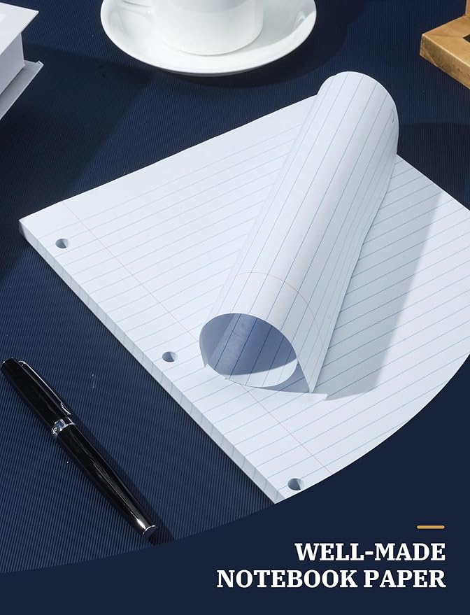 Loose Leaf Paper, 100 Sheets Notebook Paper, Binder Lined Paper Wide Ruled, 8.5'' x 11'' Loose Leaf, 3-Hole Punched Filler Writing Paper, 3-Ring Binder Note Papers, White