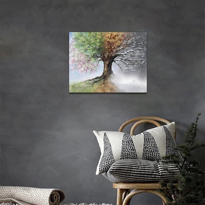yerretin Tree of Life Wall Art Colorful Country Trees Pictures Wall Decor Rustic Four Season Canvas Painting Modern Artwork Home Decorations for Bathroom Living Room Bedroom Office Framed 16"x12"