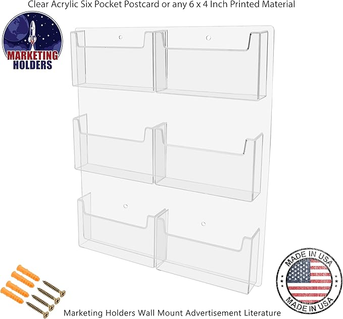 Marketing Holders Postcard Holder Greeting Cards Wall Rack with Hanging Hardware 6 Pocket Bin Holds 6" x 4" Printed Material Plastic Clear Memos and Messages Display for Cruise and Airports