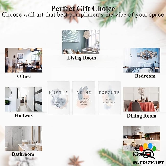 Office Wall Art - 3 Panel Motivational Wall Art, Inspirational Quotes Canvas Art for Home Office Wall Decor, Positive Quotes Wall Decor, Entrepreneur Grind Hustle Execution Poster Frame (12”x24”x3Pcs)