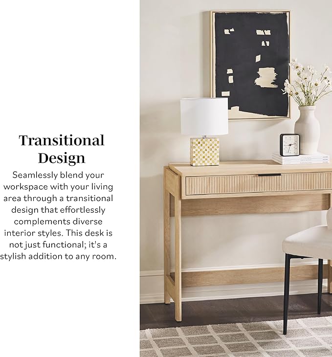Walker Edison Transitional Office Design, Reeded Drawer Front Detail, Writing Desk with Drawer, Spacious Desktop, Complementary in Living Spaces, 38 Inch, Coastal Oak