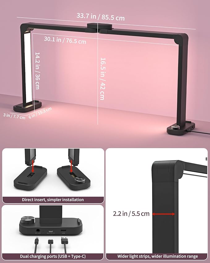 Nail Desk Lamp for Nail Tech, Foldable 34in 48W Half Moon Light with Phone Holder and USB Charging Port, 3 Color Temperature Dimmable LED Desk Light (Black)