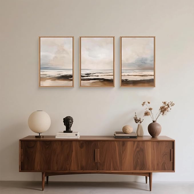 HOURIA Large Neutral Abstract Gray Framed Wall Art Set,Minimalist Modern Beige Brown Landscape Wall Decor,Wilderness Filed Artwork,Watercolor Misty Lake Print for Living Room,Bedroom,Office- 24"x36"x3